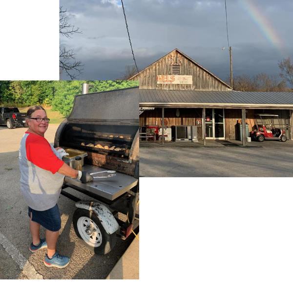 Mel's building exterior and owner grilling on the BBQ 