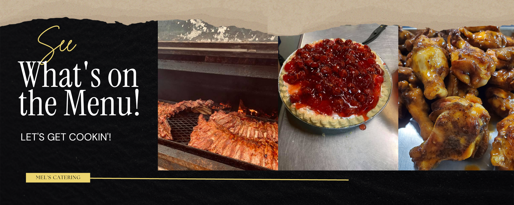 collage of ribs, cherry pie and smoked wings